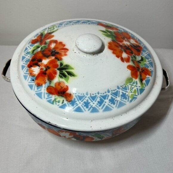 Vintage Lucky Elephant Chinese White Floral Enamel Casserole Rice Dish Pot w Lid - Picture 2 of 7